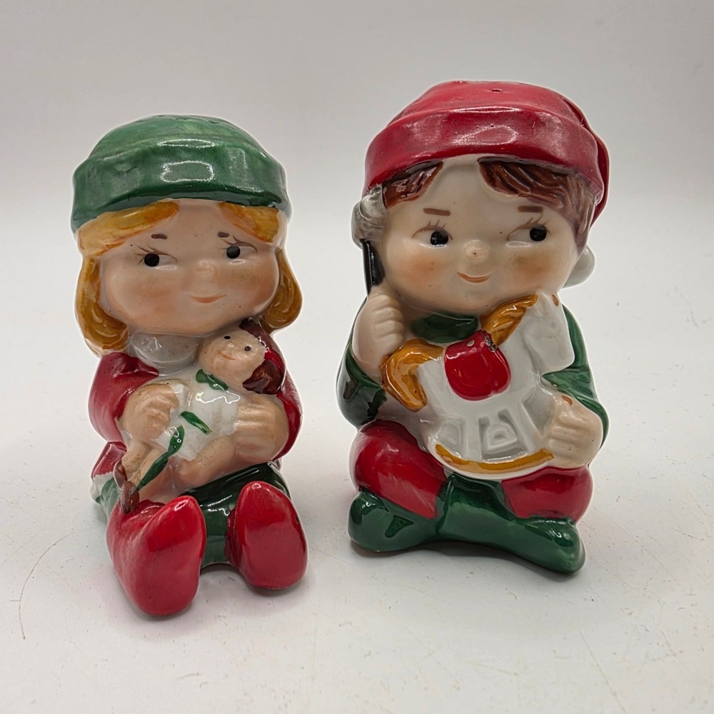 Vintage 1983 Avon Christmas Boy and Girl Salt and Pepper Shakers Set Ceramic